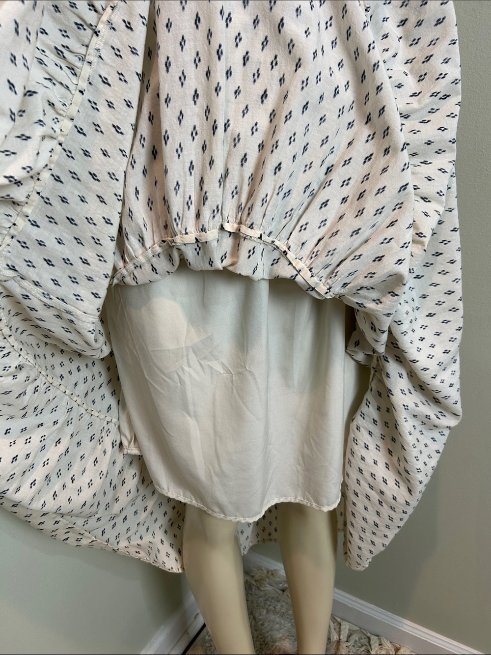 Old Navy Smocked Midi Dress Medium Cream Blue Print Ruffle Strap Cottagecore - Picture 2 of 8